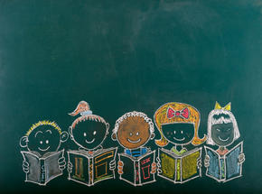 chalkboard-drawn kids reading books
