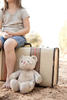 girl sitting on suitcase with stuffed animal