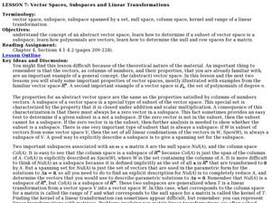 LESSON 7: Vector Spaces, Subspaces and Linear Transformations Lesson Plan