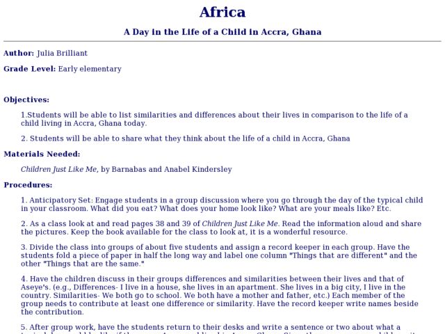 A Day in the Life of a Child in Accra, Ghana Activity