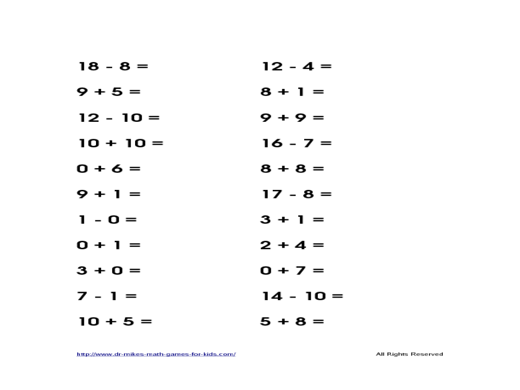 Addition and Subtraction Problems: numbers to 20 Worksheet