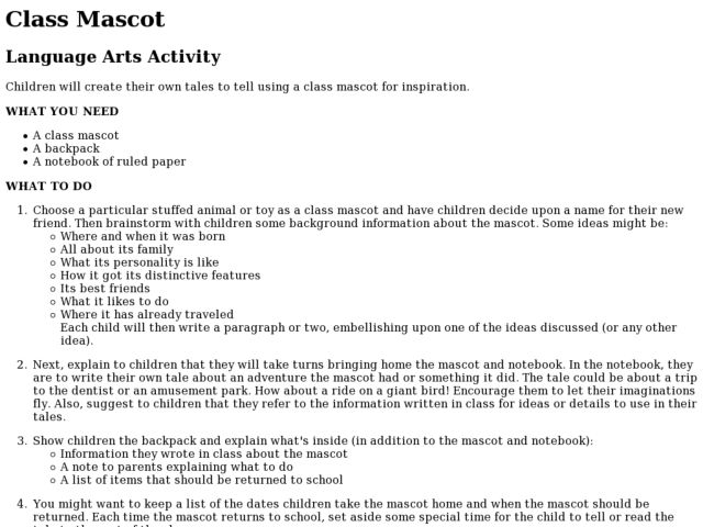 Class Mascot Activity