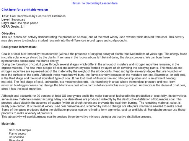 Coal Derivatives Lesson Plan
