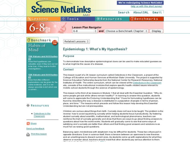 Epidemiology 1: What's My Hypothesis? Lesson Plan