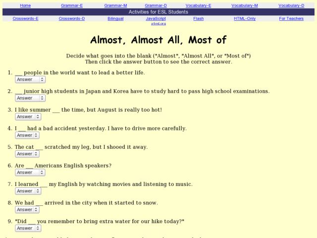 ESL Quiz - Almost, Almost All, Most of (Larry Davies) I-TESL-J Lesson Plan