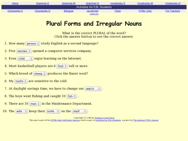 ESL Quiz - Plural Forms and Irregular Nouns (Barbara Lyons Perez) I-TESL-J Lesson Plan