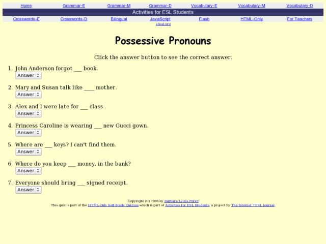 ESL Quiz - Possesive Pronouns (Barbara Lyons Perez) I-TESL-J Lesson Plan