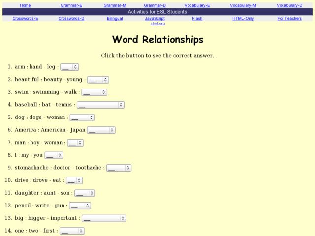 ESL Quiz - Word Relationships (Charles Kelly) I-TESL-J Lesson Plan