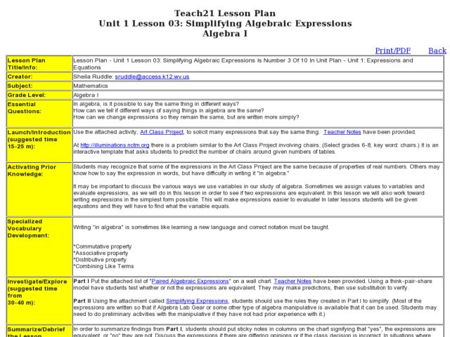 Expressions and Equations Lesson Plan