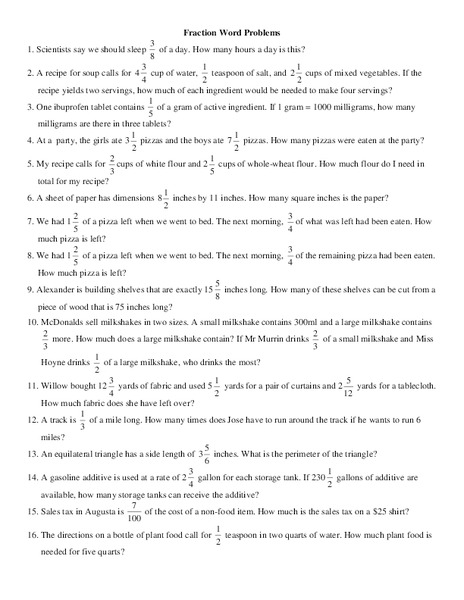 Fraction Word Problems Worksheet