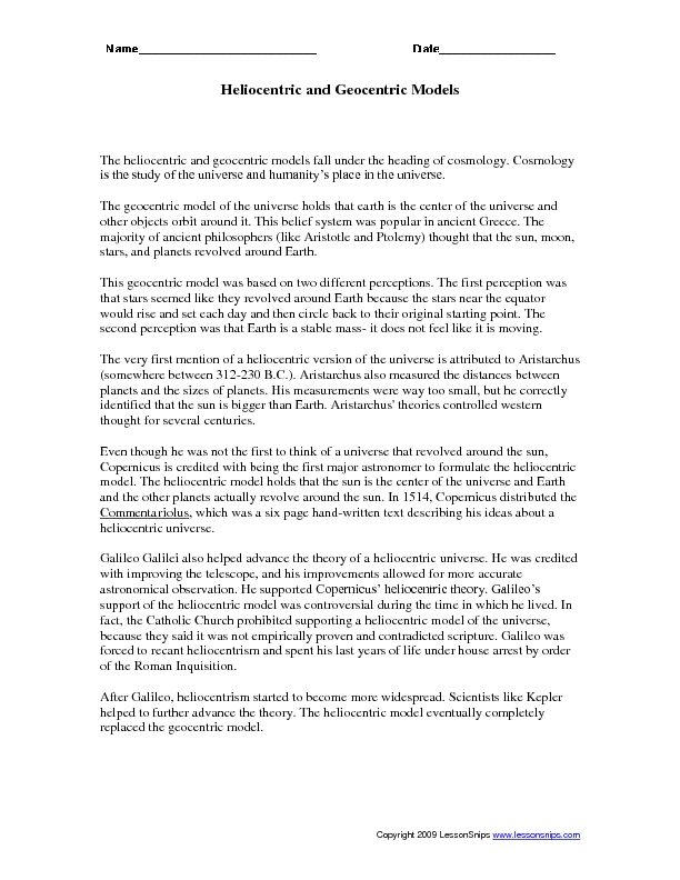 Heliocentric and Geocentric Models Worksheet