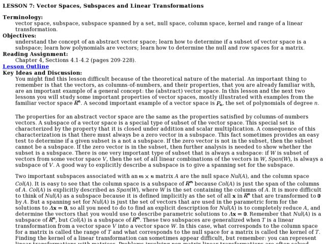 LESSON 7: Vector Spaces, Subspaces and Linear Transformations Lesson Plan