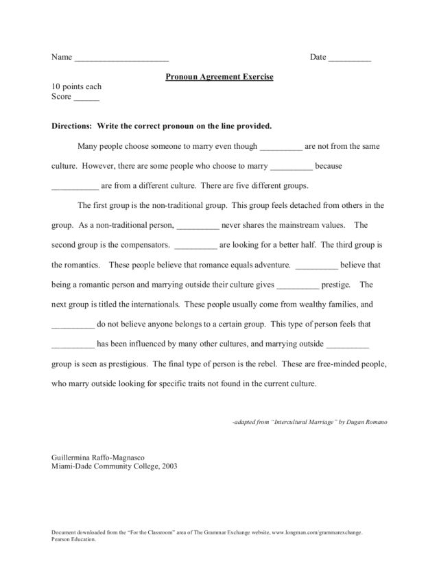 Pronoun Agreement Exercise Worksheet