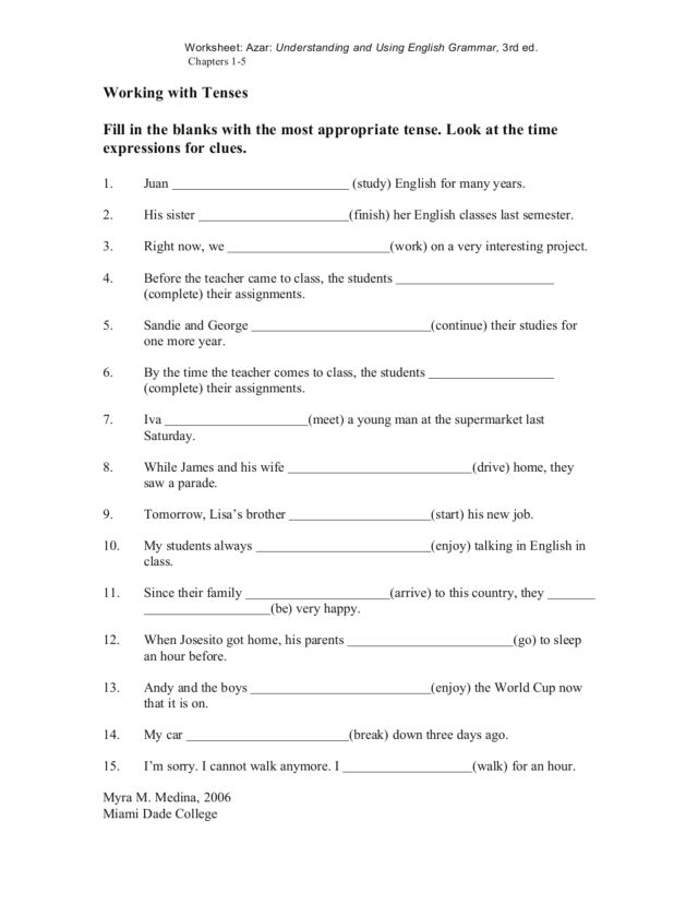 Working with Tenses Worksheet