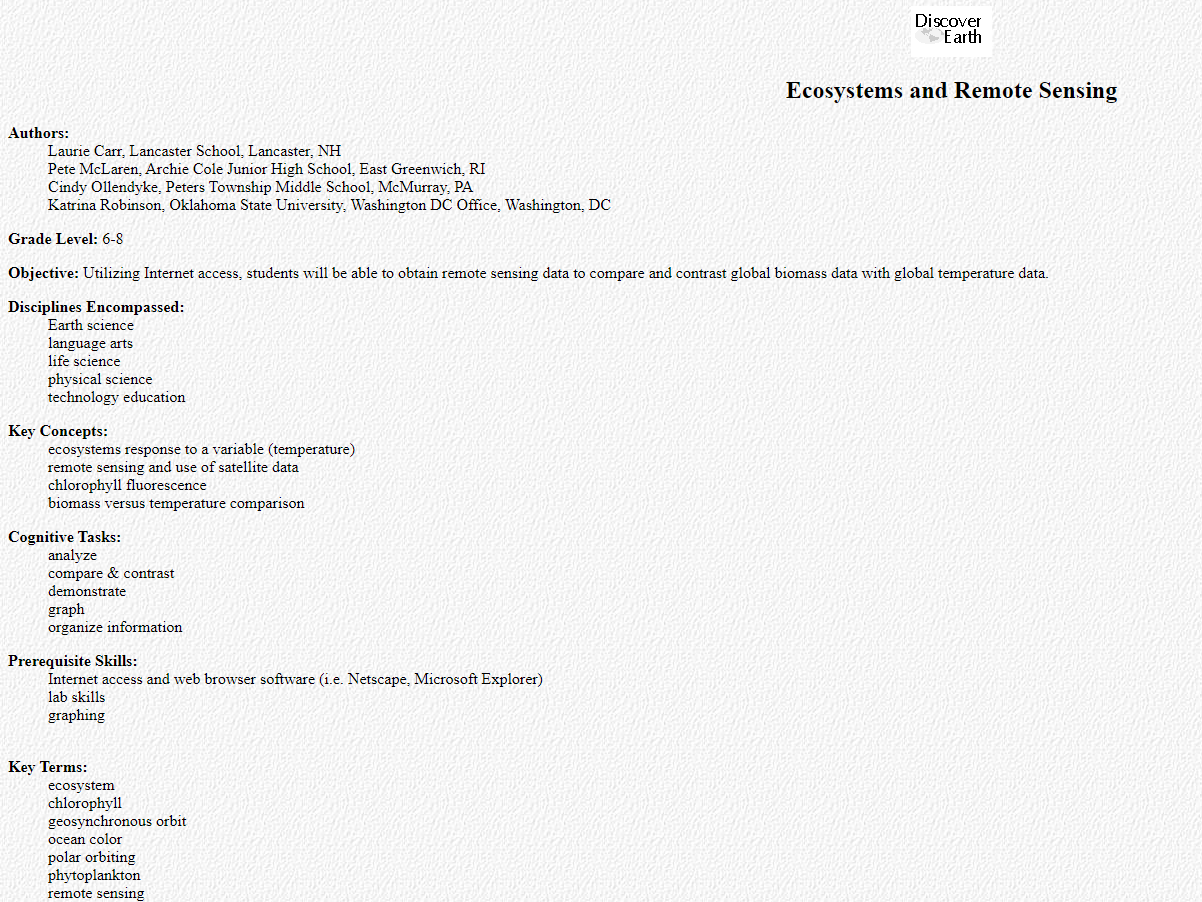 Ecosystems and Remote Sensing Lesson Plan