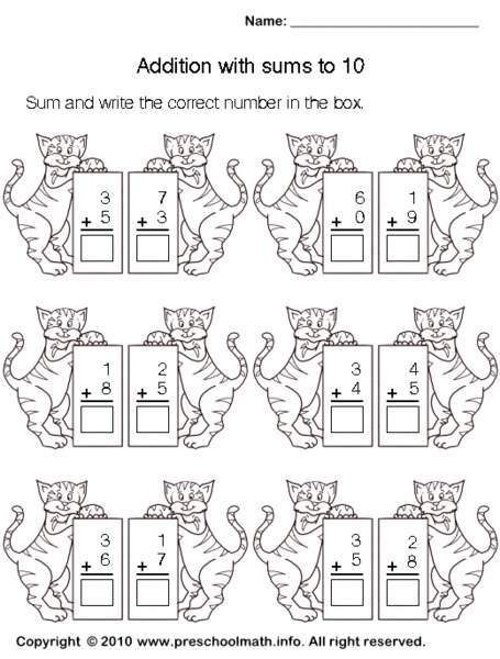 Addition with Sums to 10 Worksheet