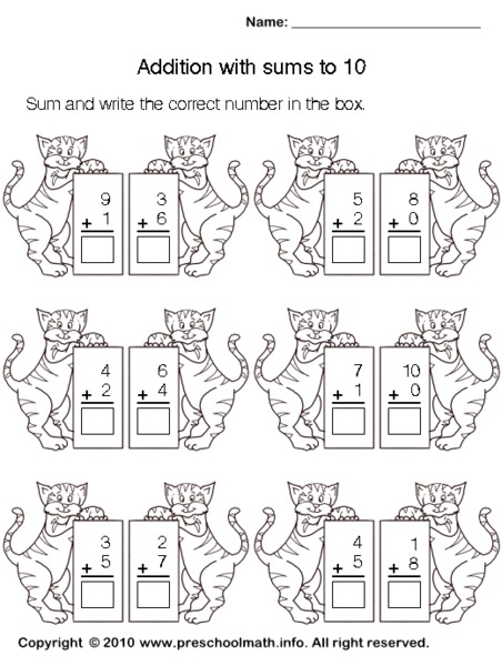 Addition with sums to 10 Worksheet
