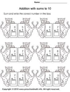 Addition with sums to 10 Worksheet