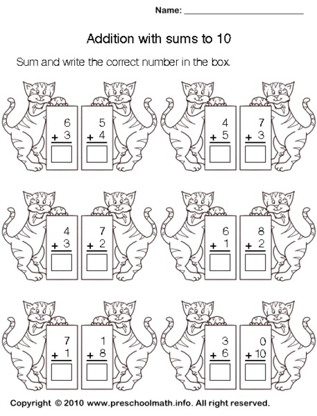 Addition with sums to 10 Worksheet