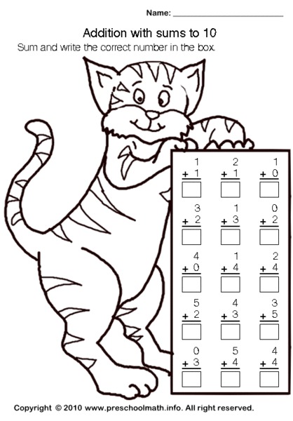 Addition with sums to 10 Worksheet