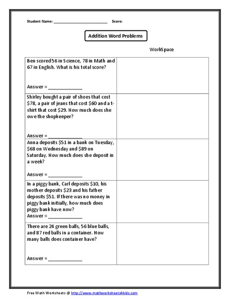 Addition Word Problems Worksheet