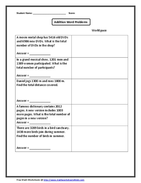 Addition Word Problems Worksheet