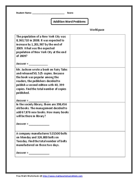 Addition Word Problems Worksheet