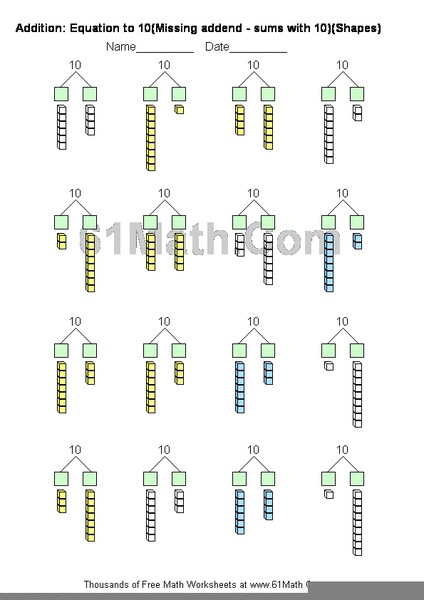 Addition: Equation to 10 (Missing Addend) Worksheet