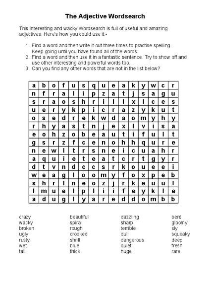 Adjective Word Search Worksheet