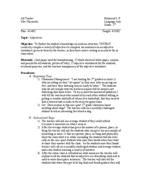 Adjectives Lesson Plan