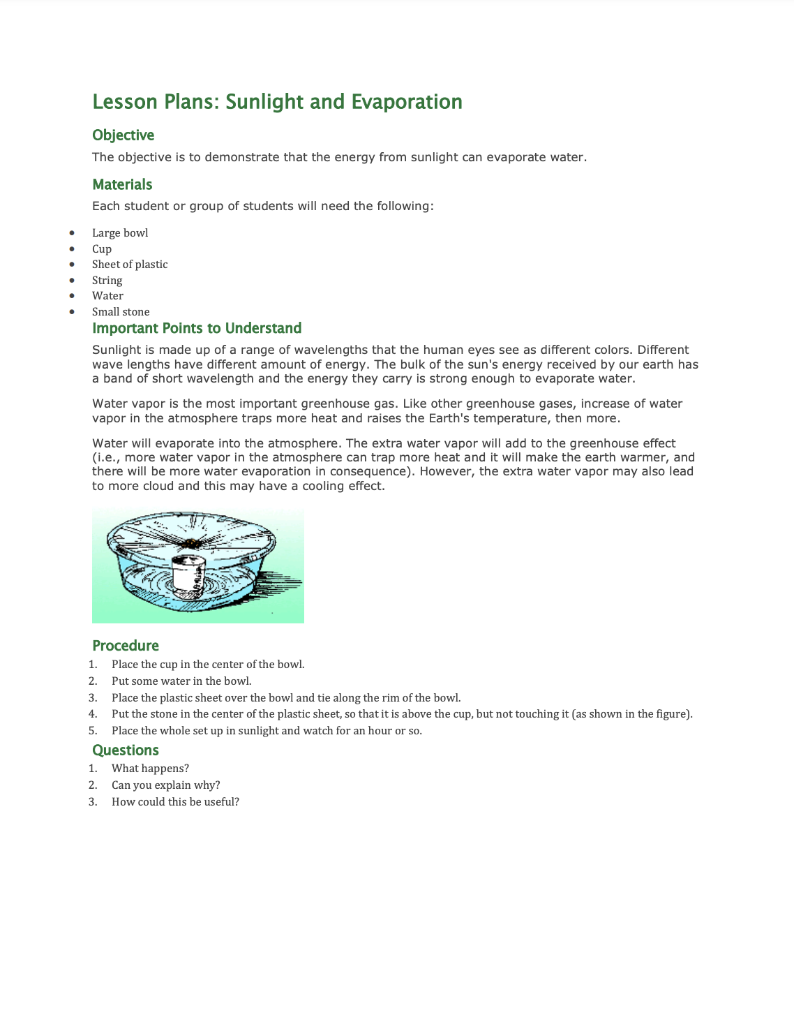 Sunlight and Evaporation Lesson Plan