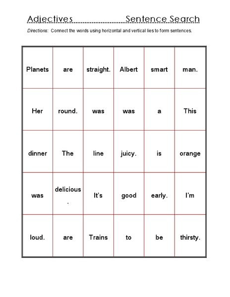 Adjectives - Sentence Search Worksheet
