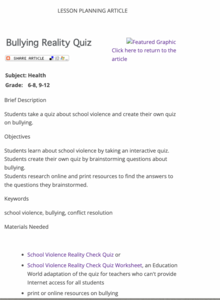 Bullying Reality Quiz Lesson Plan