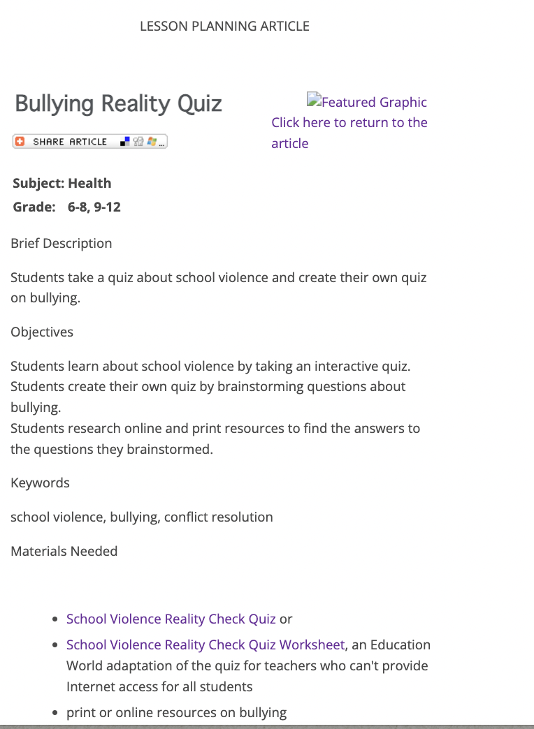Bullying Reality Quiz Lesson Plan