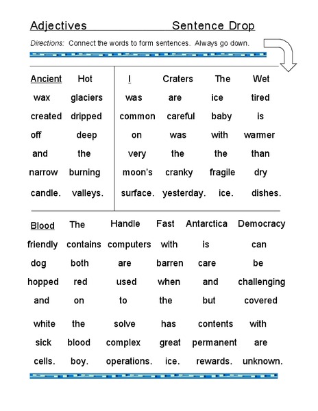 Adjectives: Sentence Drop Worksheet