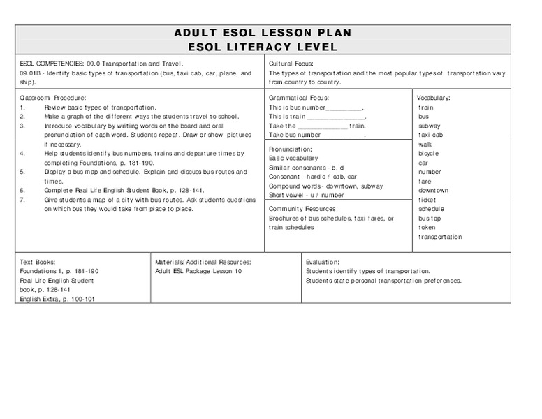 ADULT ESOL LESSON PLAN--Transportation and Travel Lesson Plan