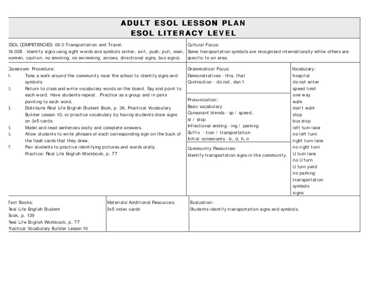 ADULT ESOL LESSON PLAN--Transportation and Travel Lesson Plan