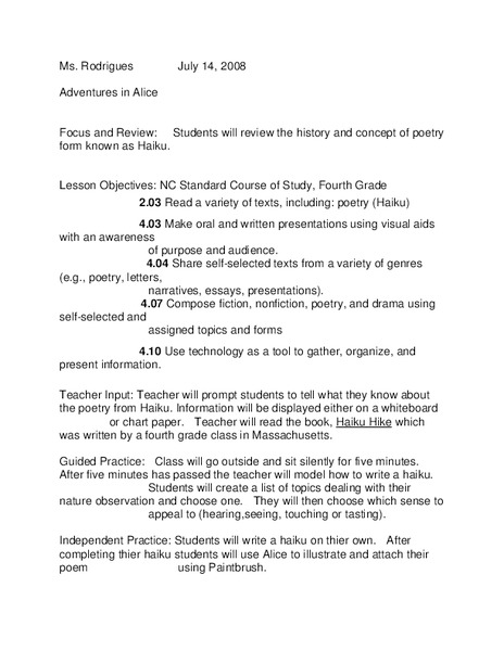 Adventures in Alice Lesson Plan