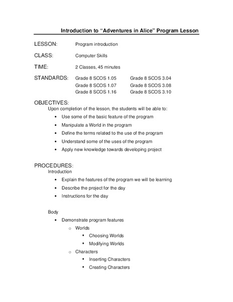 Adventures in Alice Lesson Plan