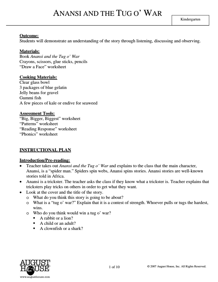 Anansi and the Tug o' War Lesson Plan