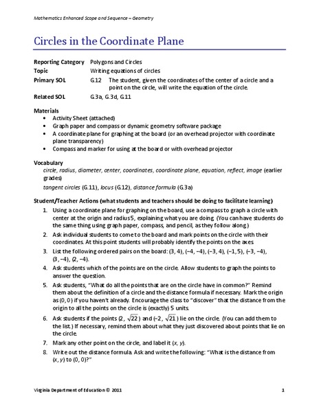 Circles in the Coordinate Plane Lesson Plan