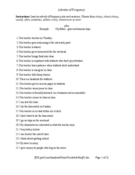 Adverbs of Frequency Worksheet
