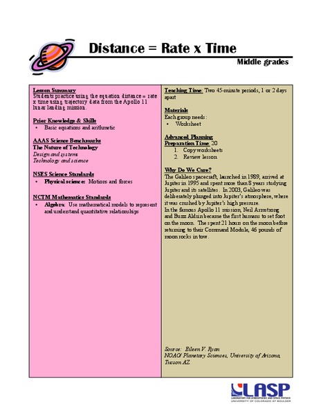 Distance = Rate x Time Lesson Plan