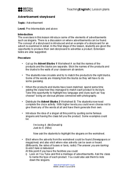 Advertisement Storyboard Lesson Plan