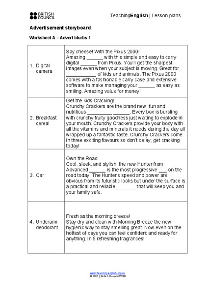 Advertisement storyboard Worksheet