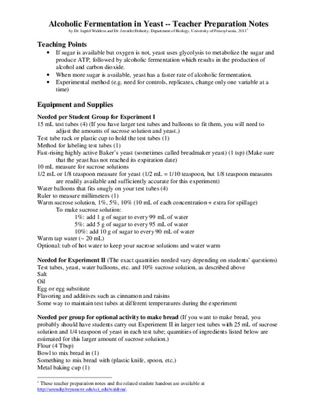 Alcoholic Fermentation in Yeast Lesson Plan