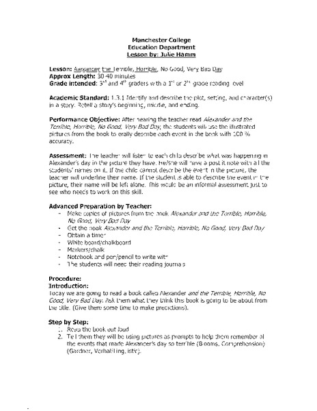 Alexander and the Terrible, Horrible, No Good, Very Bad Day Lesson Plan