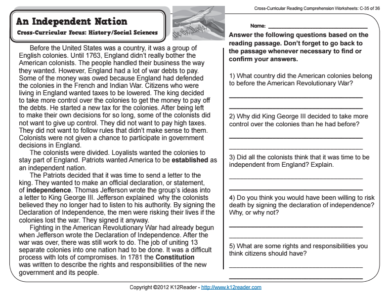 An Independent Nation Worksheet