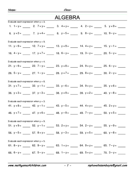 Algebra Worksheet