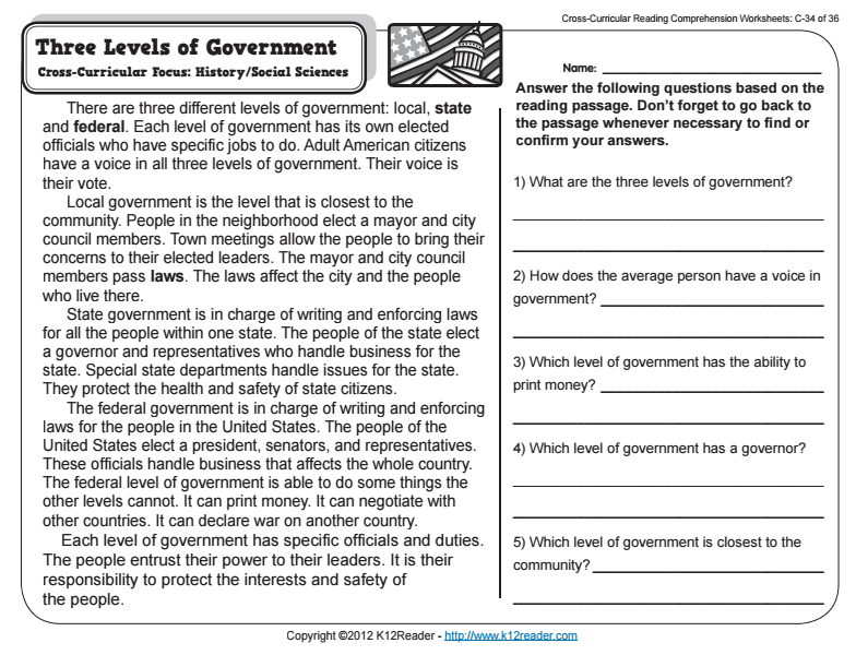 Three Levels of Government Worksheet
